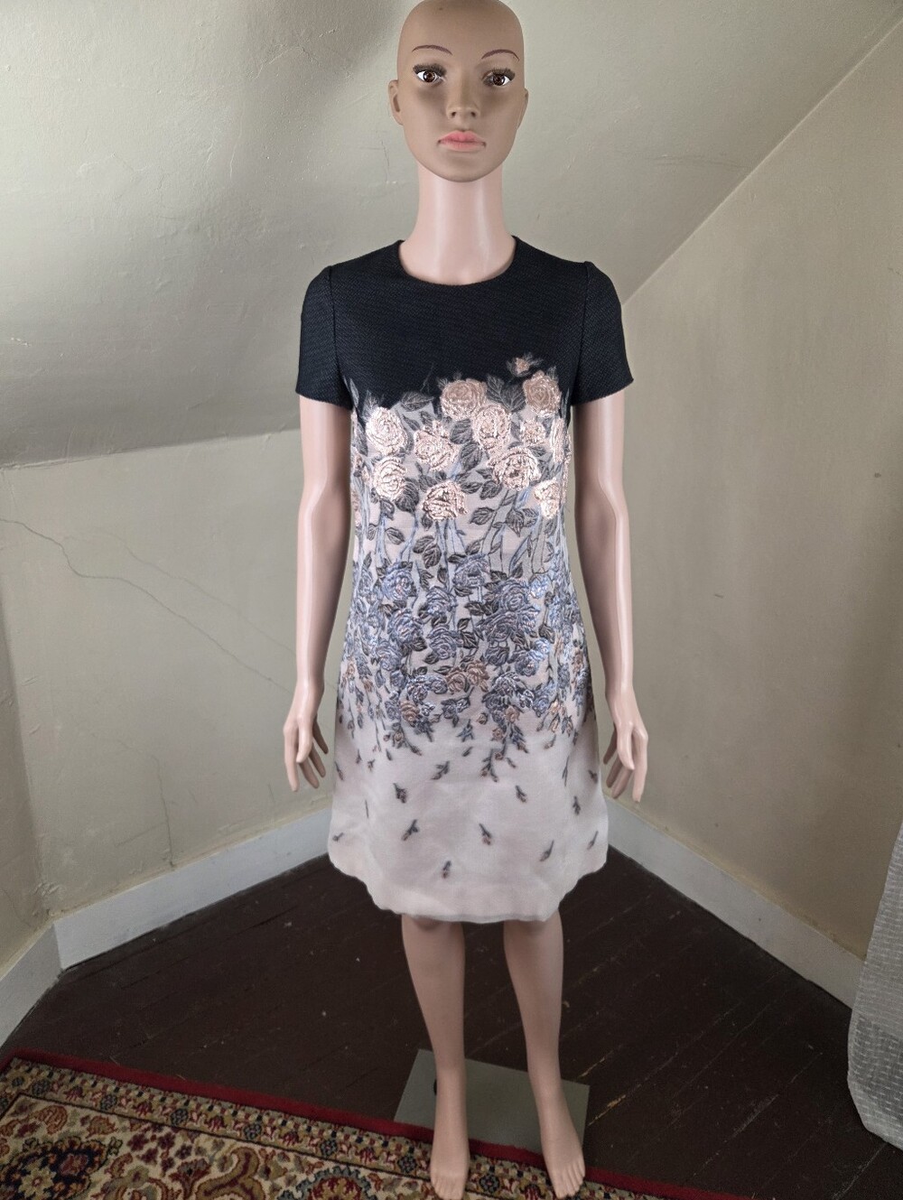 Blumarine Floralโ Jacquard Silk Blend Shift Dress Black Pink Blue Roses IT 38 XS